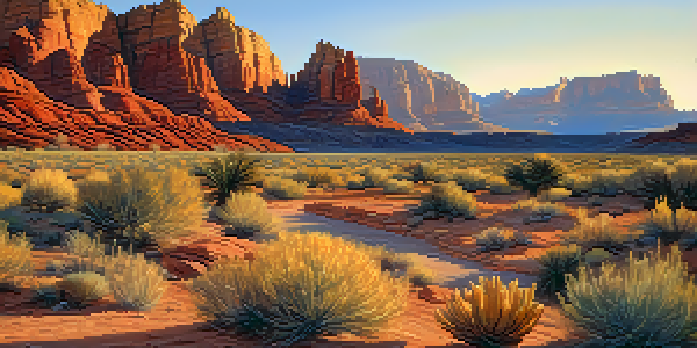 A panoramic view of Red Rock Canyon at sunset, highlighting red rock formations and a blue sky with golden light.