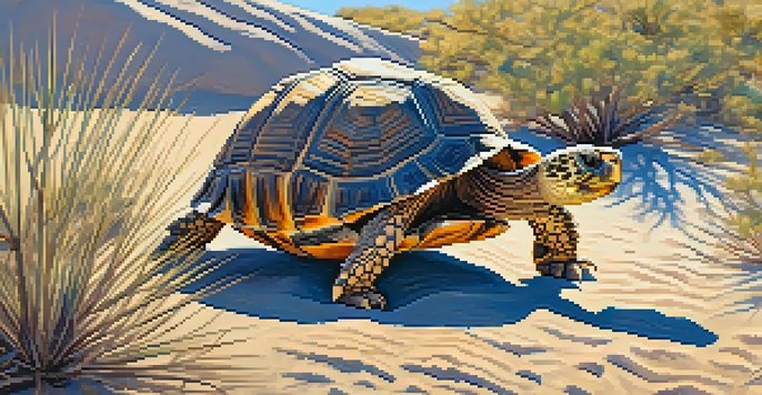 A desert tortoise is seen coming out of its burrow in a sandy desert landscape, with sparse plants and mountains in the background under a clear sky.