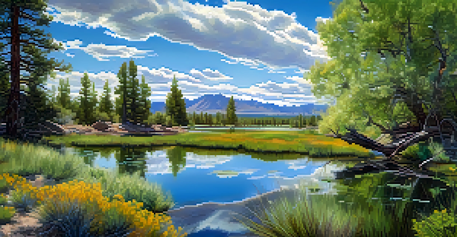 An overhead view of a Nevada wetland with lush vegetation and trout swimming in clear water.