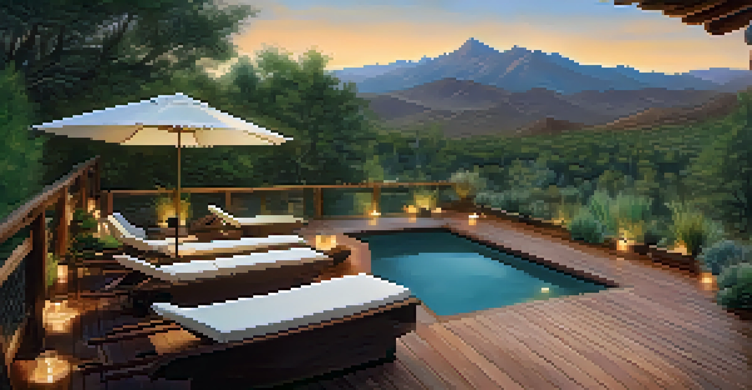 An outdoor wellness retreat in the Nevada mountains with a spa area, massage tables, greenery, and a view of distant peaks, all in a calming setting.