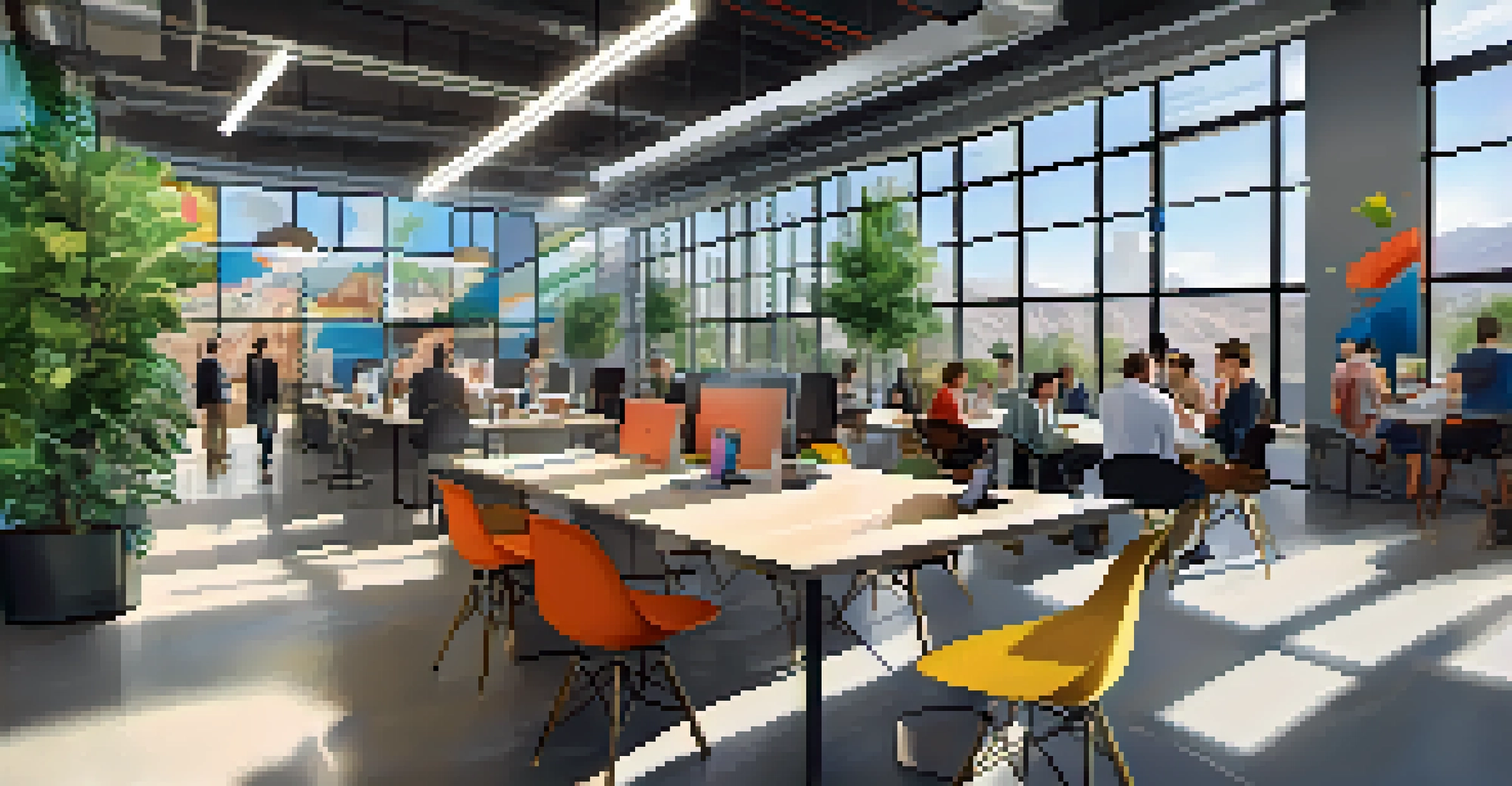A modern tech startup hub in Reno with glass office spaces, young professionals collaborating, colorful murals, and abundant natural light.
