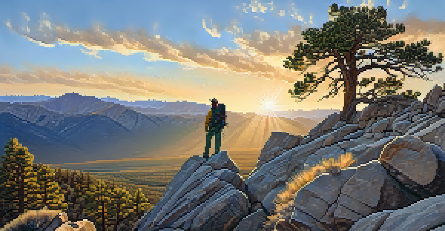 A hiker on a rocky outcrop in Great Basin National Park, with a view of diverse landscapes and a sunset in the background.