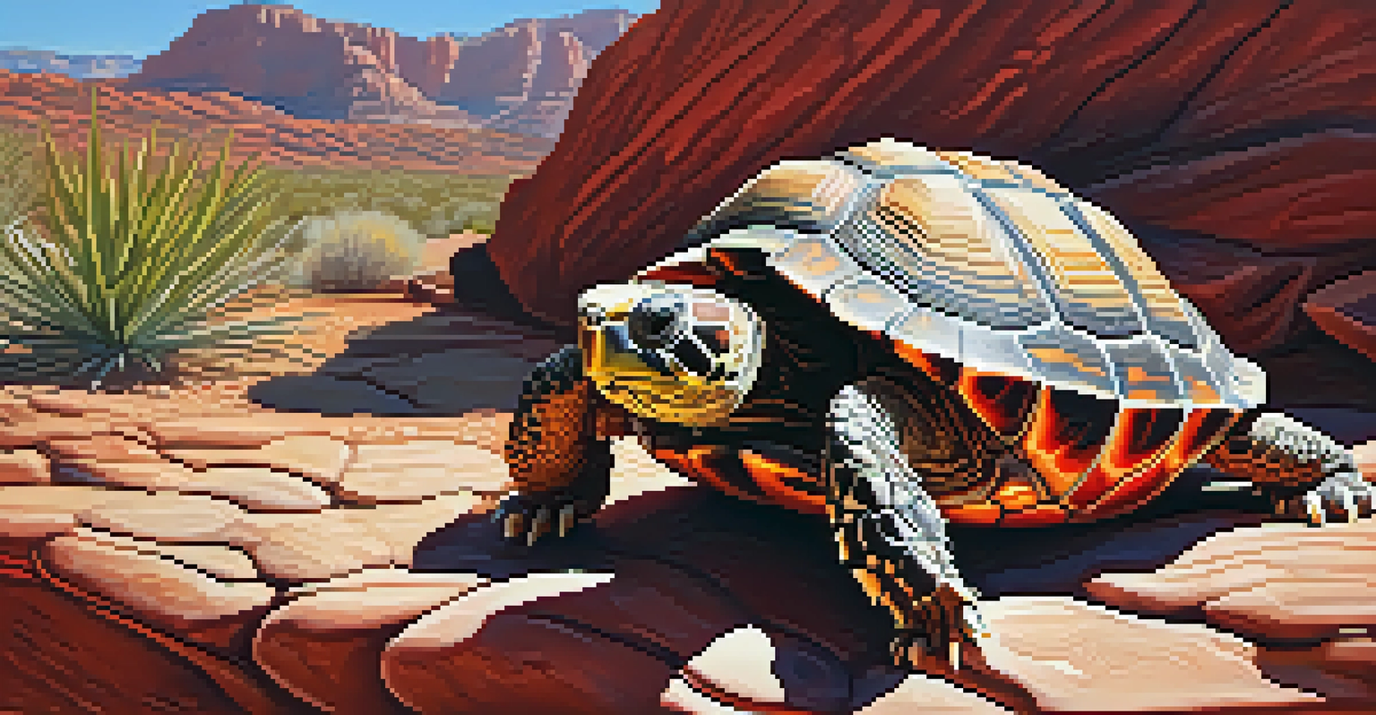 A close-up of a desert tortoise on a rocky surface in Red Rock Canyon, with detailed textures and surrounding sandstone.