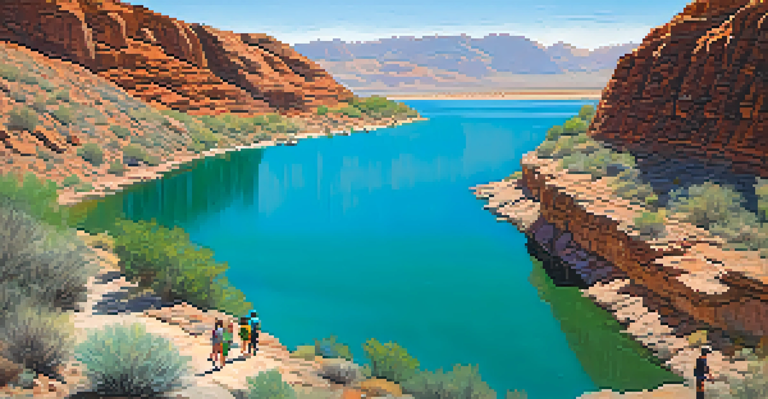 A peaceful view of Lake Mead with turquoise waters and hikers on the Historic Railroad Trail, surrounded by canyon walls.