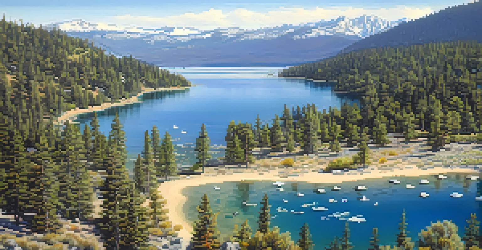 Aerial view of Lake Tahoe with clear waters, restored native vegetation, and native fish swimming.