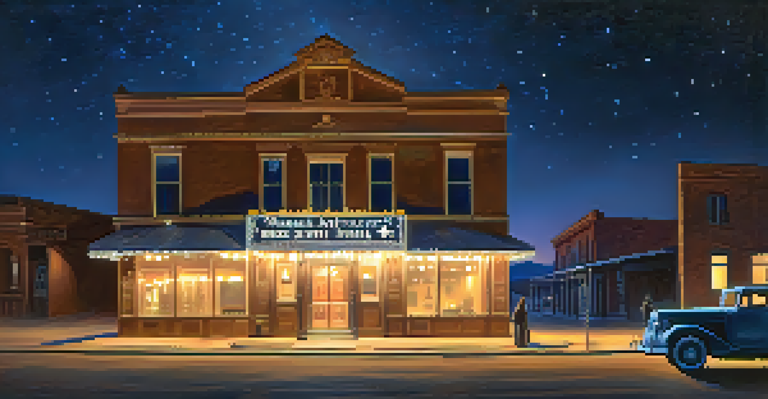 A nighttime view of the Mizpah Hotel in Tonopah, illuminated and surrounded by mist and stars.