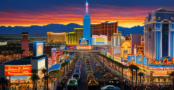 A colorful view of the Las Vegas Strip at sunset, with neon-lit casinos and people enjoying the lively scene.