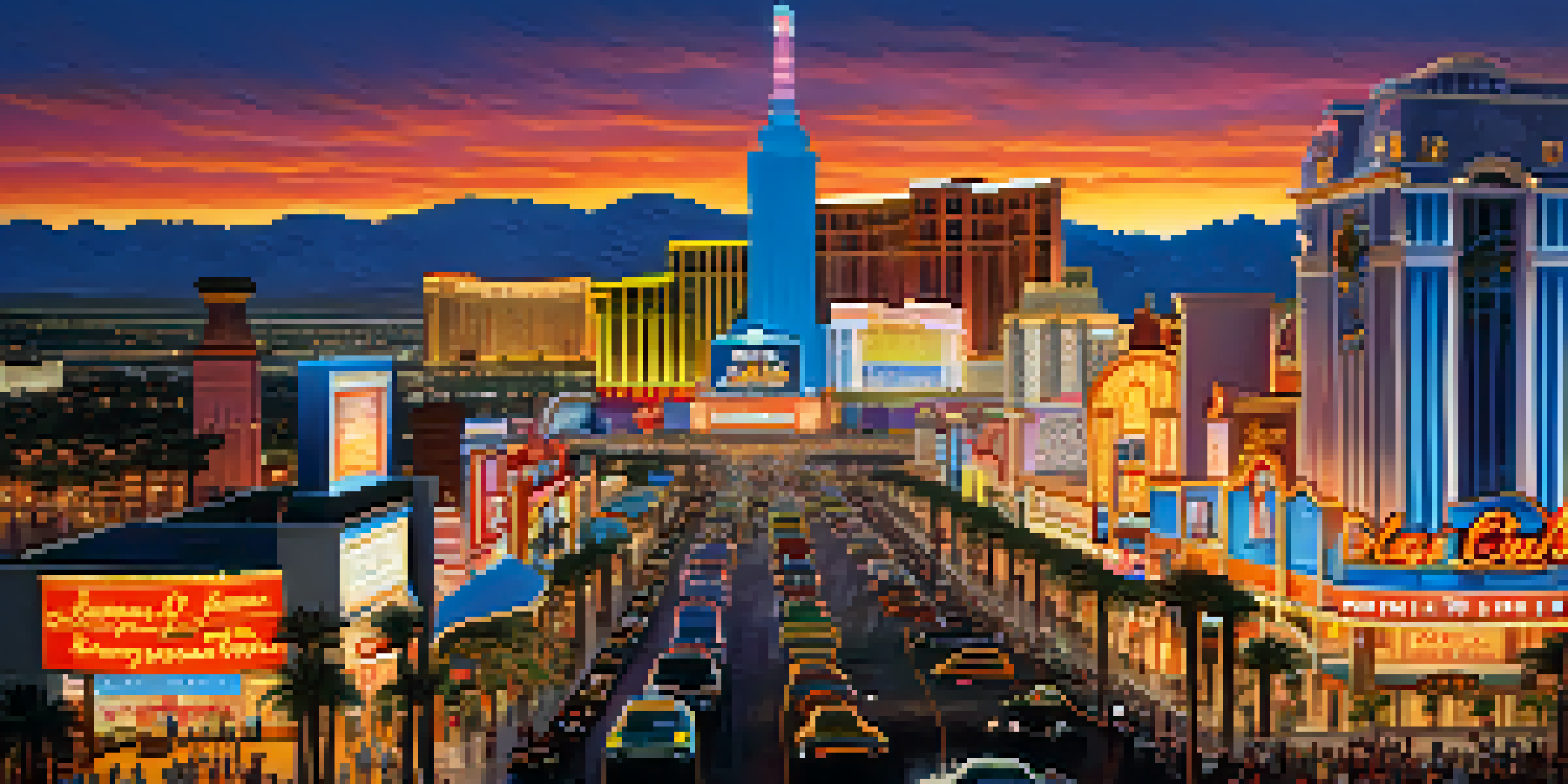 A colorful view of the Las Vegas Strip at sunset, with neon-lit casinos and people enjoying the lively scene.