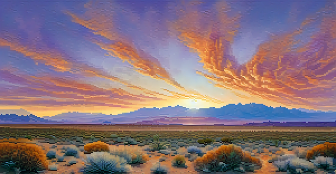 A panoramic view of the Great Basin in Nevada with desert plants in the foreground and distant mountains under a sunset sky.