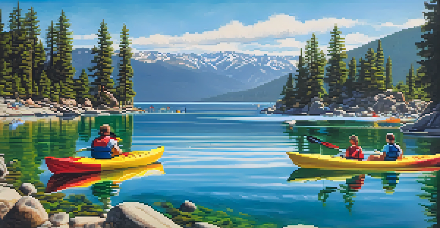 People kayaking on Lake Tahoe during summer with green mountains and a clear blue sky in the background.