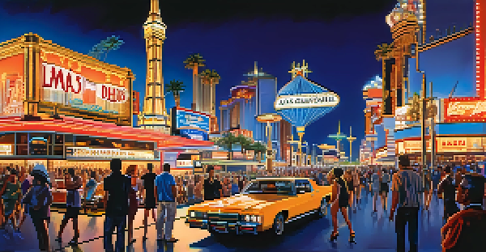 A lively scene of the Las Vegas Strip at night, filled with tourists and bright neon lights from casinos.
