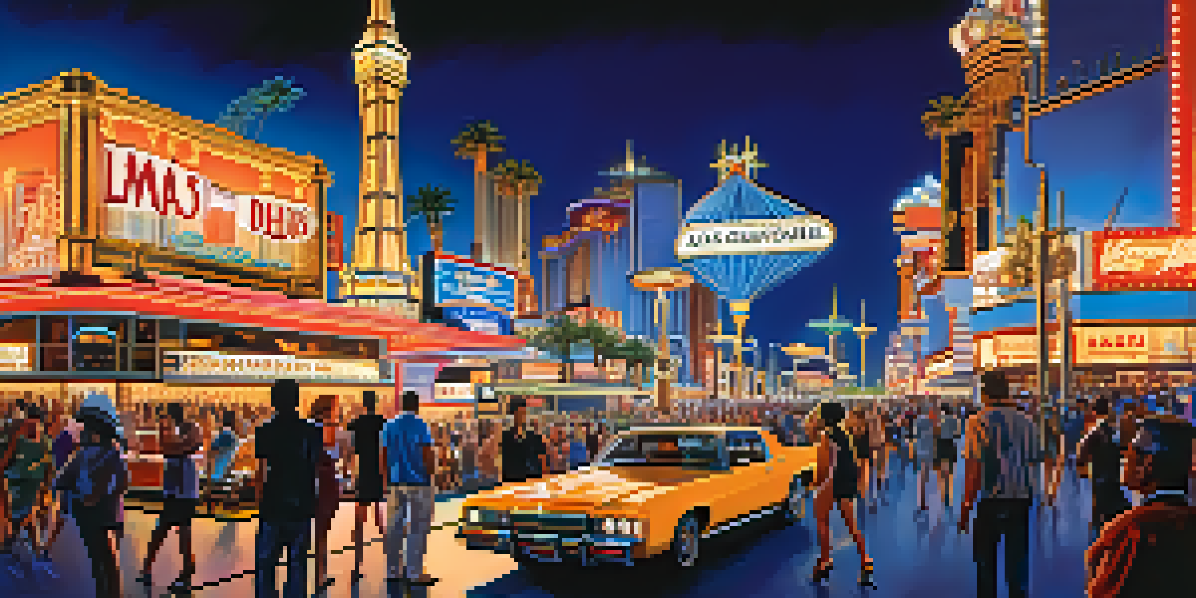 A lively scene of the Las Vegas Strip at night, filled with tourists and bright neon lights from casinos.