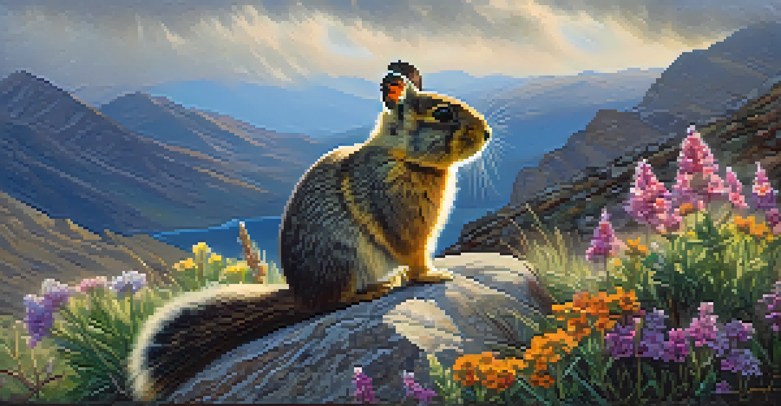 A pika on a rock in a mountain landscape of Nevada, surrounded by wildflowers and a dramatic sky.