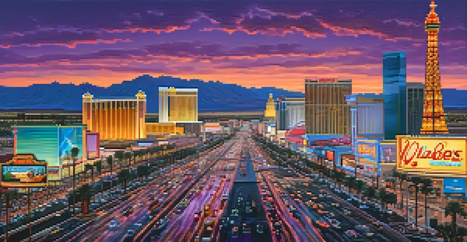 A panoramic view of the Las Vegas Strip at dusk with neon lights and a sunset sky.