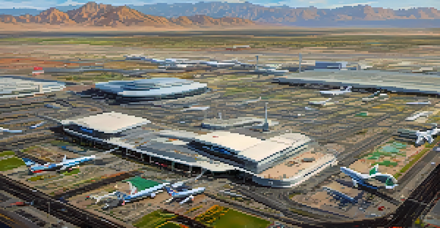 An aerial view of McCarran International Airport, featuring busy runways, the terminal, and the Las Vegas skyline in the background.
