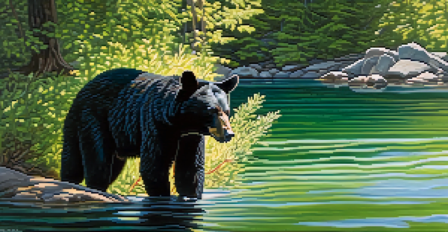 A black bear foraging by the shoreline of Lake Tahoe, surrounded by greenery and sunlight filtering through the trees.