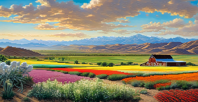 A panoramic view of Nevada's landscape with a vibrant desert, blooming wildflowers, rolling hills, and a bright blue sky, featuring an organic farm with crops and a rustic barn.