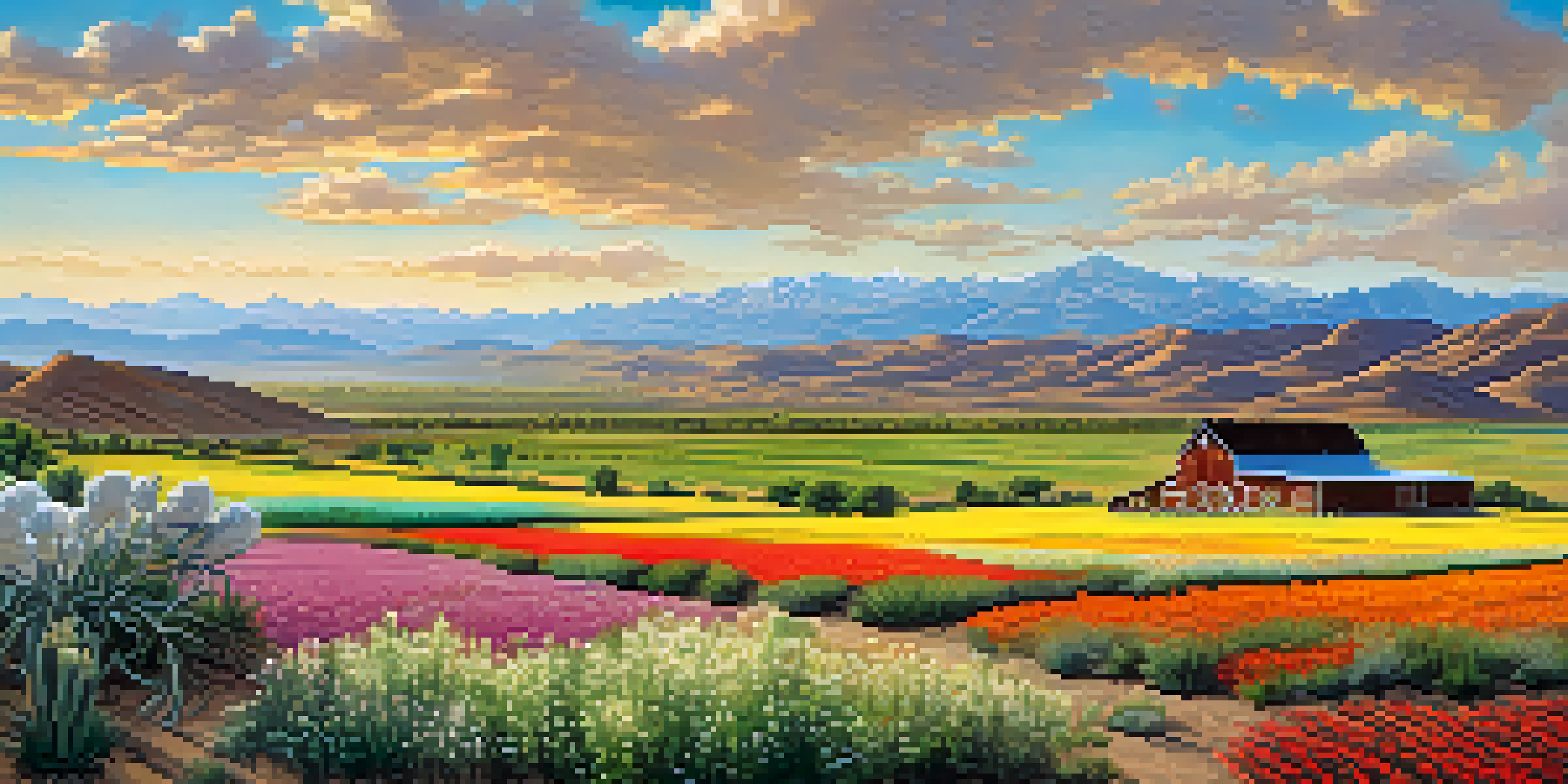 A panoramic view of Nevada's landscape with a vibrant desert, blooming wildflowers, rolling hills, and a bright blue sky, featuring an organic farm with crops and a rustic barn.