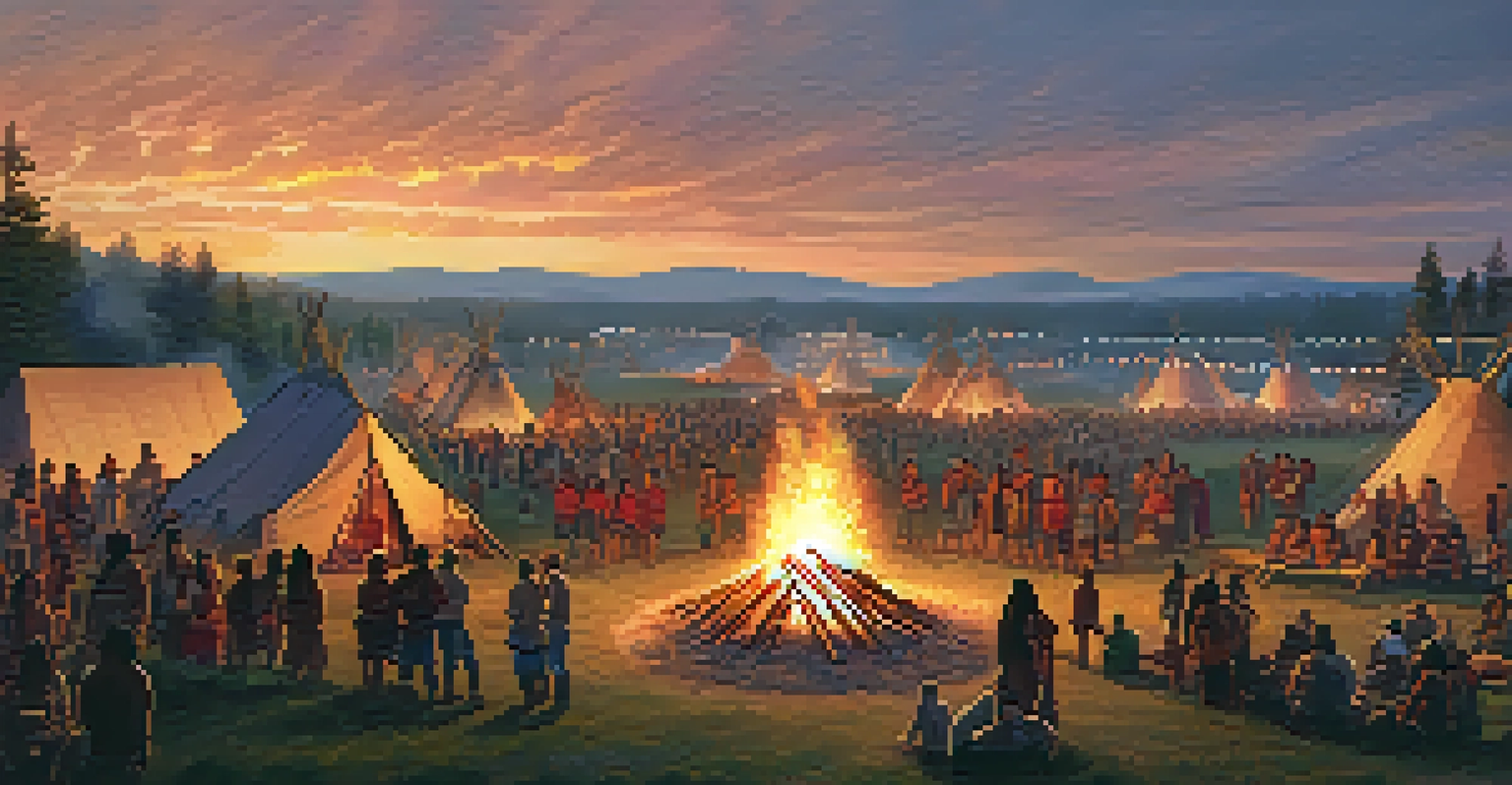 A cultural festival scene with a bonfire and community members sharing stories, surrounded by tents and crafts under a twilight sky.