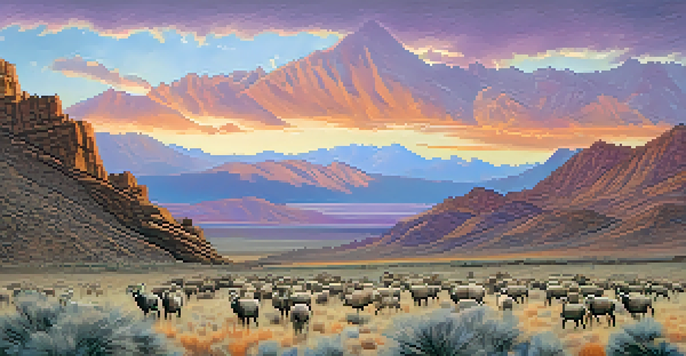 A panoramic view of Nevada's mountains at sunset with desert bighorn sheep in the foreground.