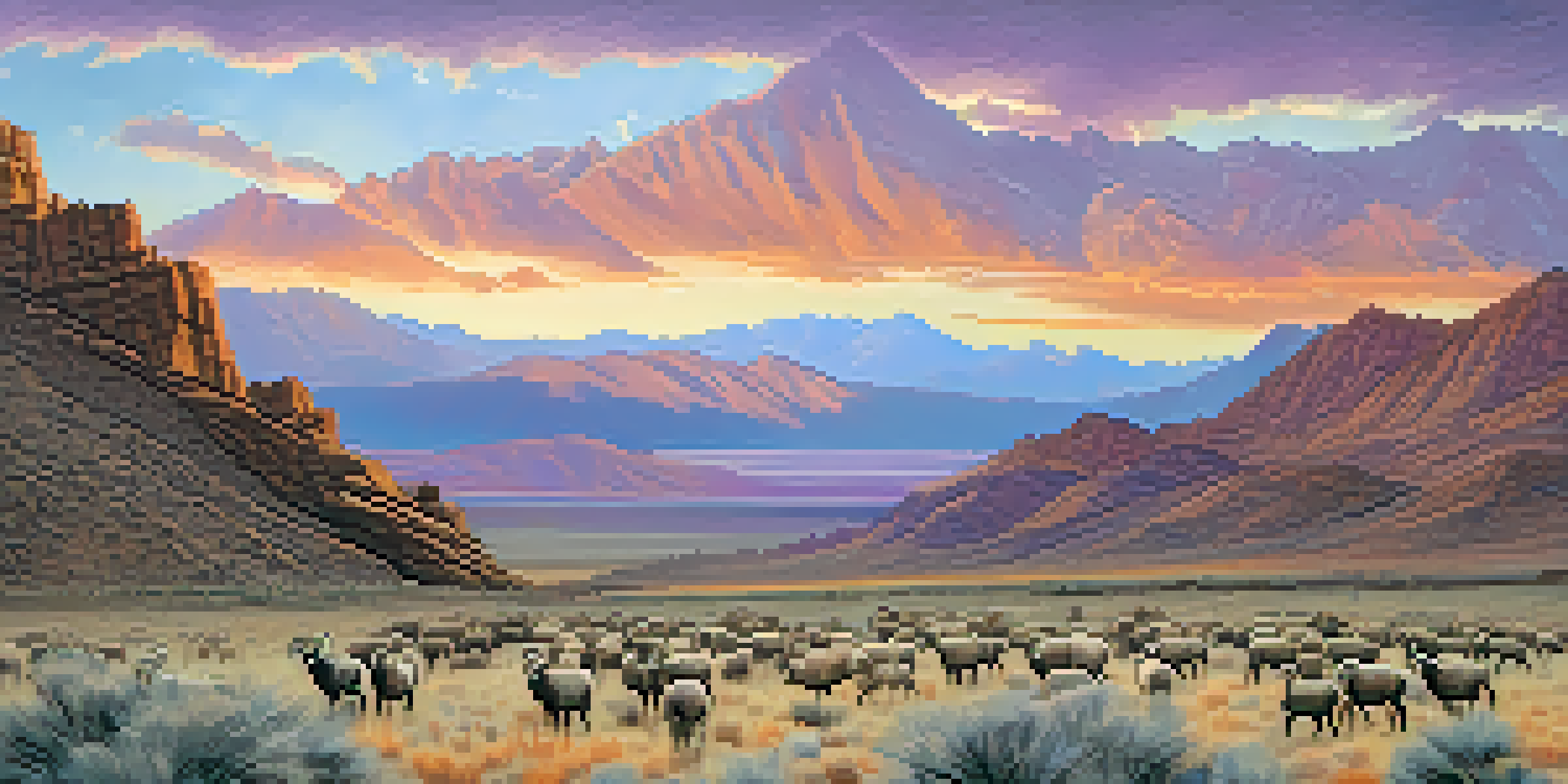 A panoramic view of Nevada's mountains at sunset with desert bighorn sheep in the foreground.