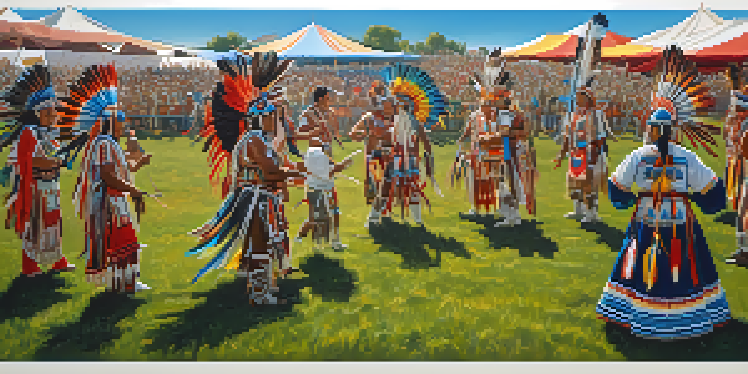 A lively powwow with Native American dancers in colorful regalia performing, surrounded by spectators and tents in a sunny outdoor setting.