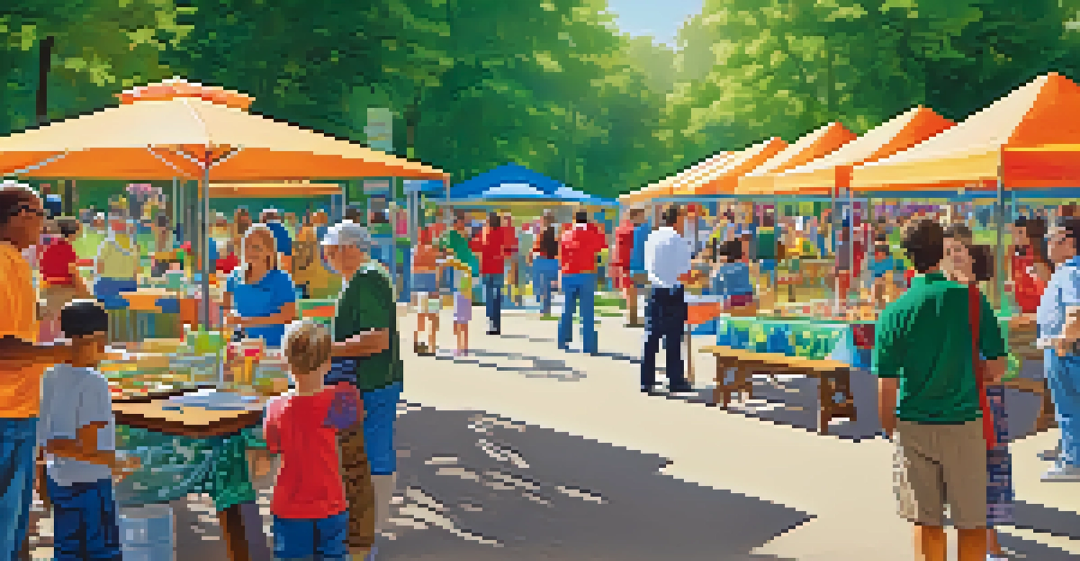 Families at an outdoor community event, interacting with educators and volunteers at colorful booths in a sunny park.
