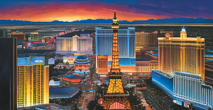 A bustling Las Vegas Strip at dusk, with neon lights and iconic landmarks.