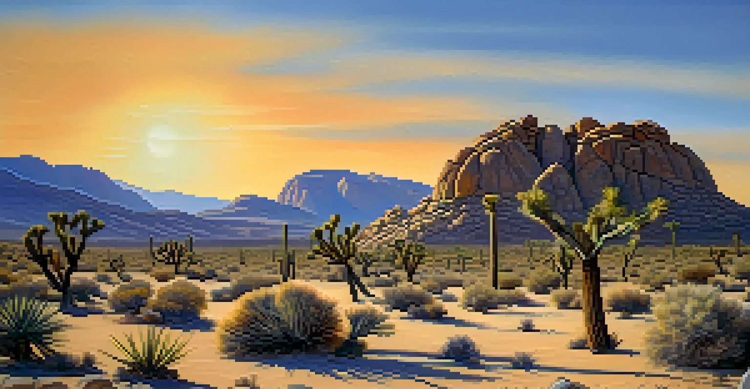A beautiful Mojave Desert scene with Joshua trees and rock formations under a clear blue sky, showcasing the arid landscape's beauty.