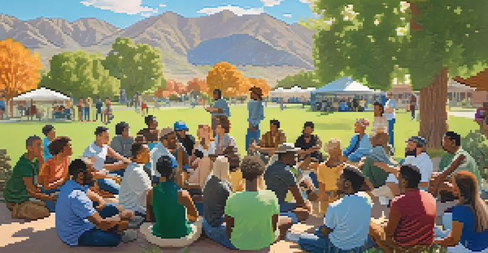 A diverse group of people gathered in a sunny park, discussing political issues, surrounded by nature.