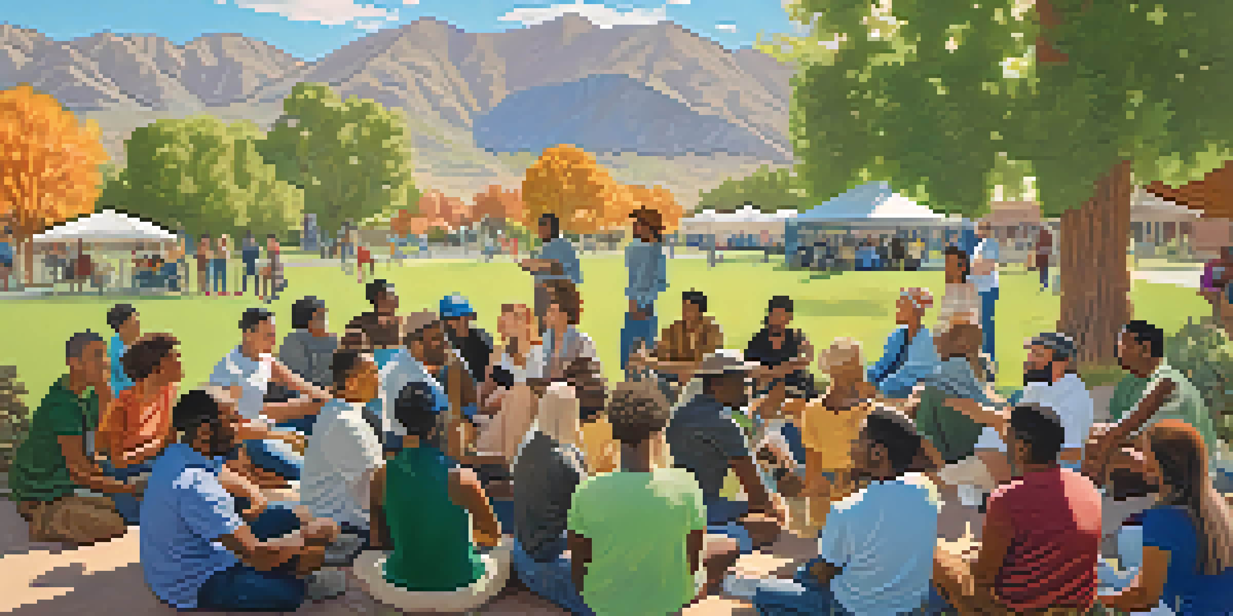 A diverse group of people gathered in a sunny park, discussing political issues, surrounded by nature.