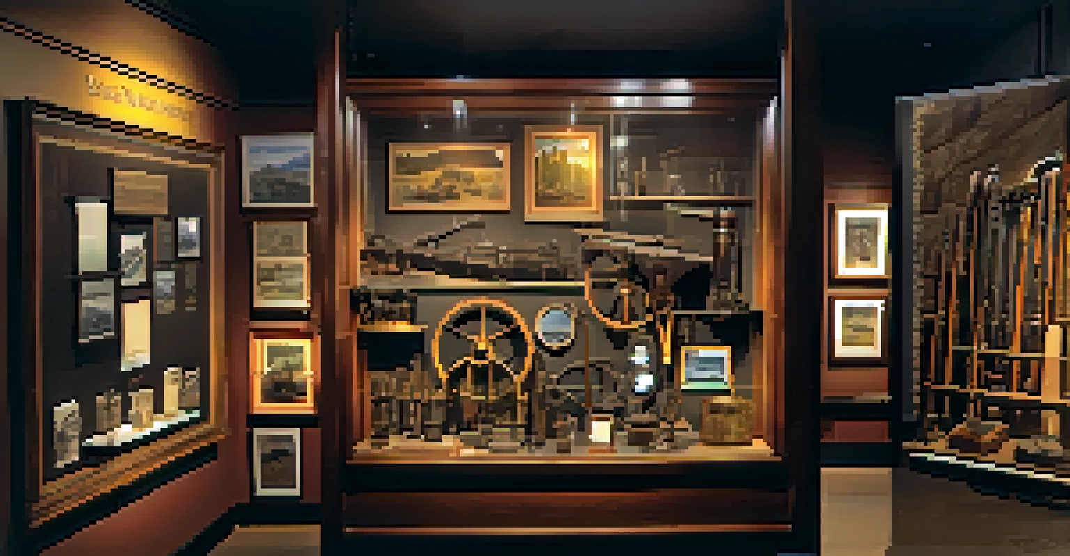 An interior view of the Nevada State Museum displaying mining artifacts with warm lighting highlighting vintage tools.