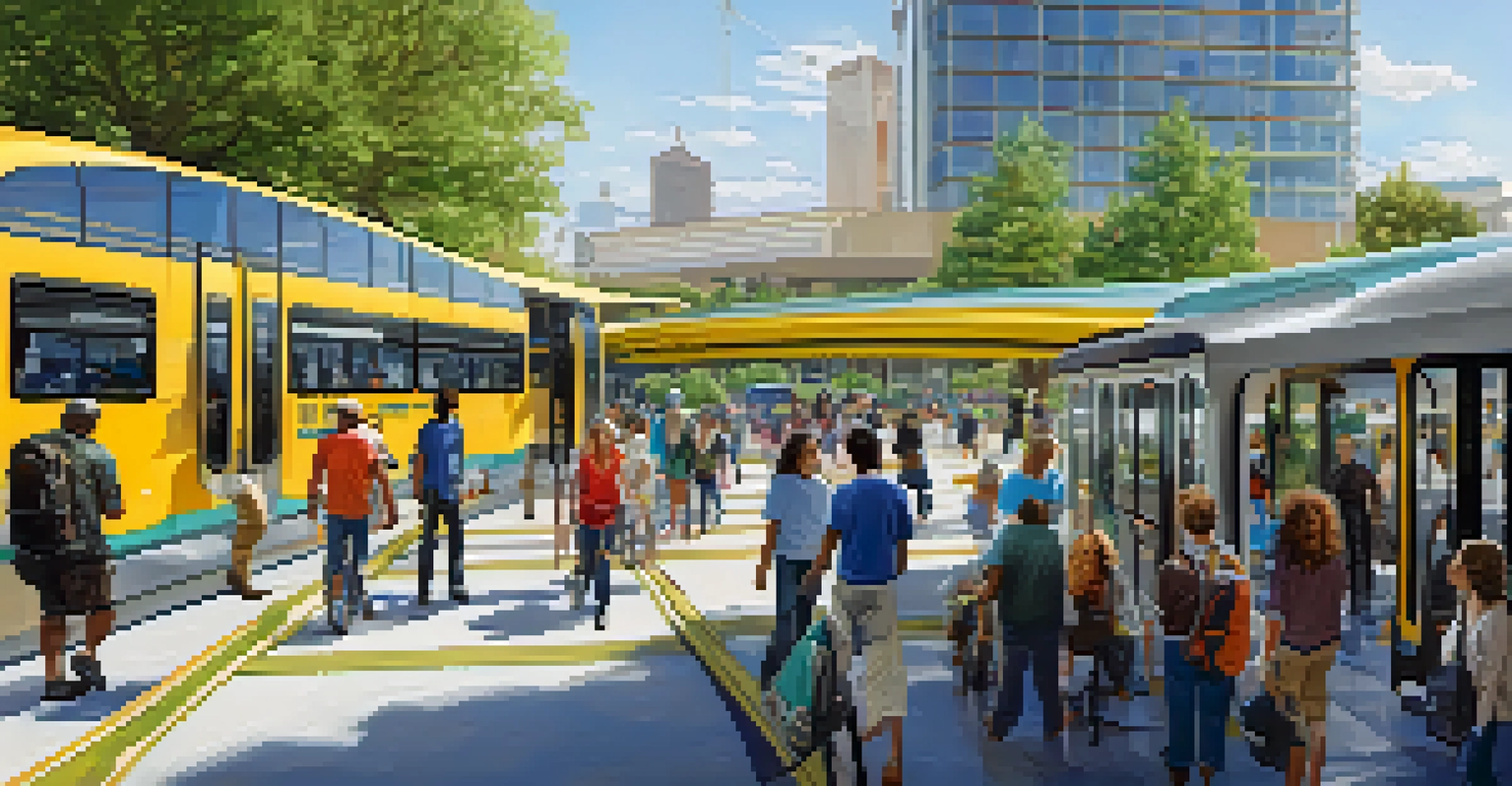 An integrated transportation hub in Nevada, showing travelers connecting between buses, trains, and bicycles, surrounded by greenery and modern buildings.