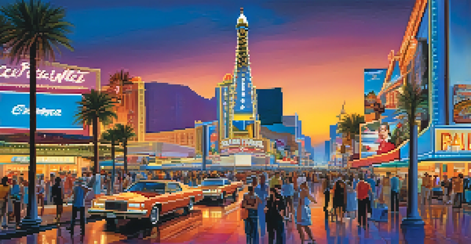 A lively Las Vegas Strip at dusk, filled with illuminated casinos and a diverse crowd of tourists.