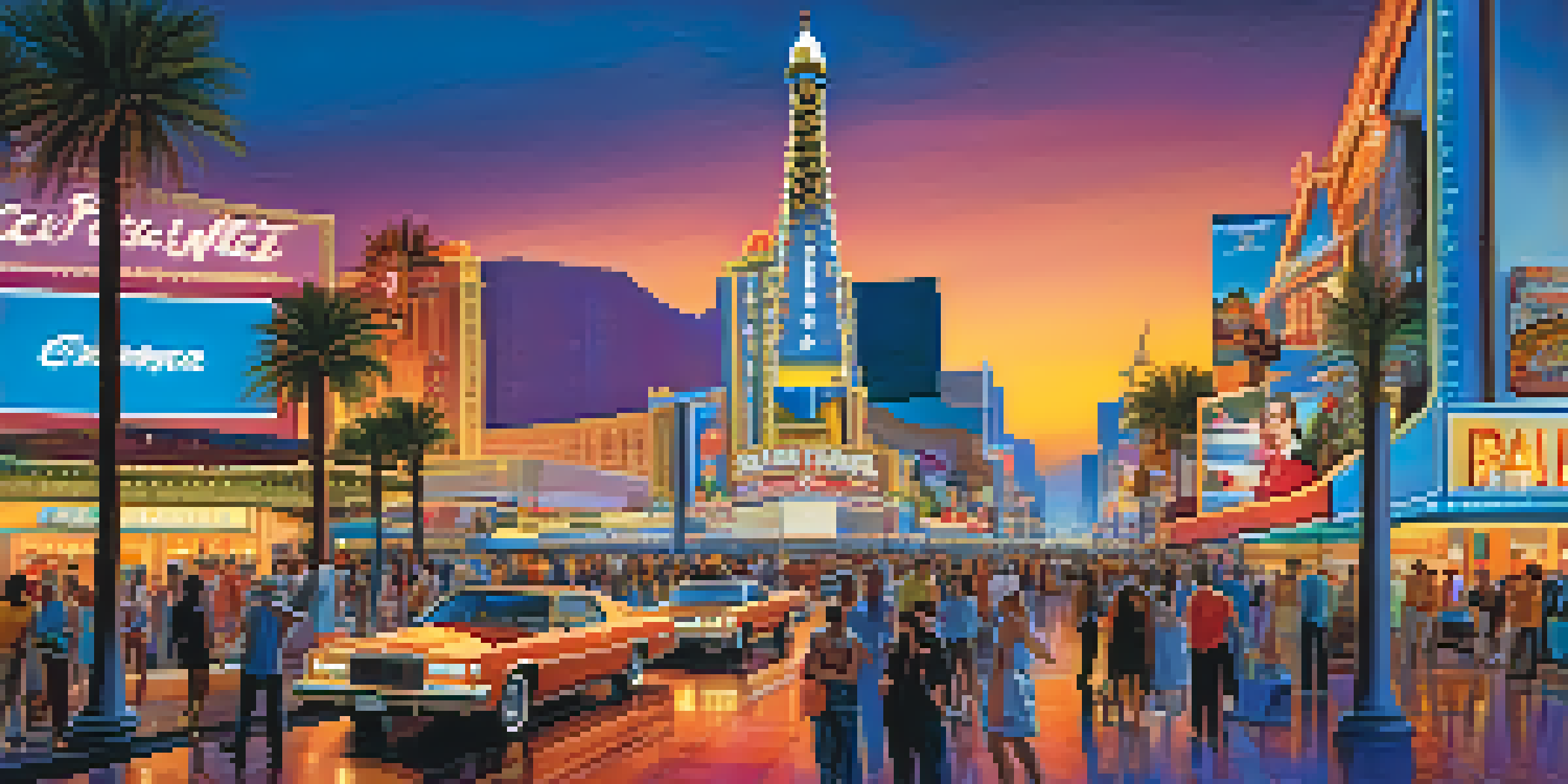 A lively Las Vegas Strip at dusk, filled with illuminated casinos and a diverse crowd of tourists.