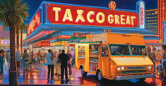 A bustling Las Vegas street scene featuring food trucks with bright lights and people enjoying street food at night.