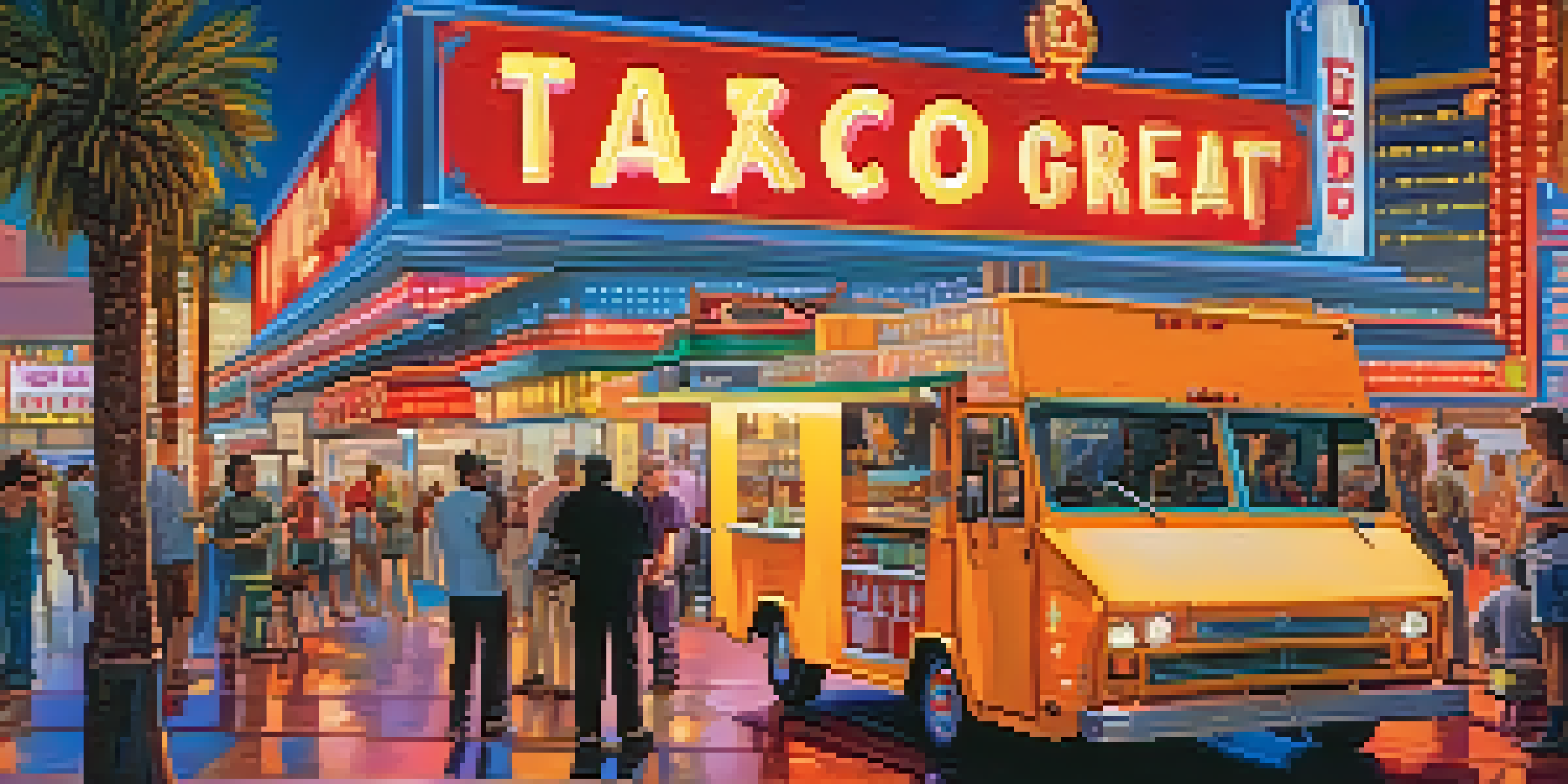 A bustling Las Vegas street scene featuring food trucks with bright lights and people enjoying street food at night.