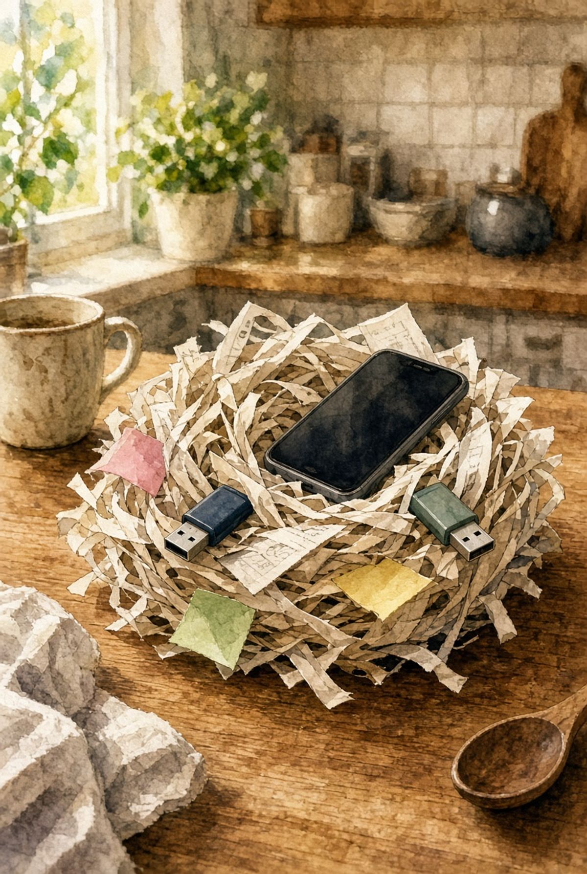 A bird's nest woven from shredded paper documents, holding a smartphone, USB drives and sticky notes, on a kitchen table in warm window light