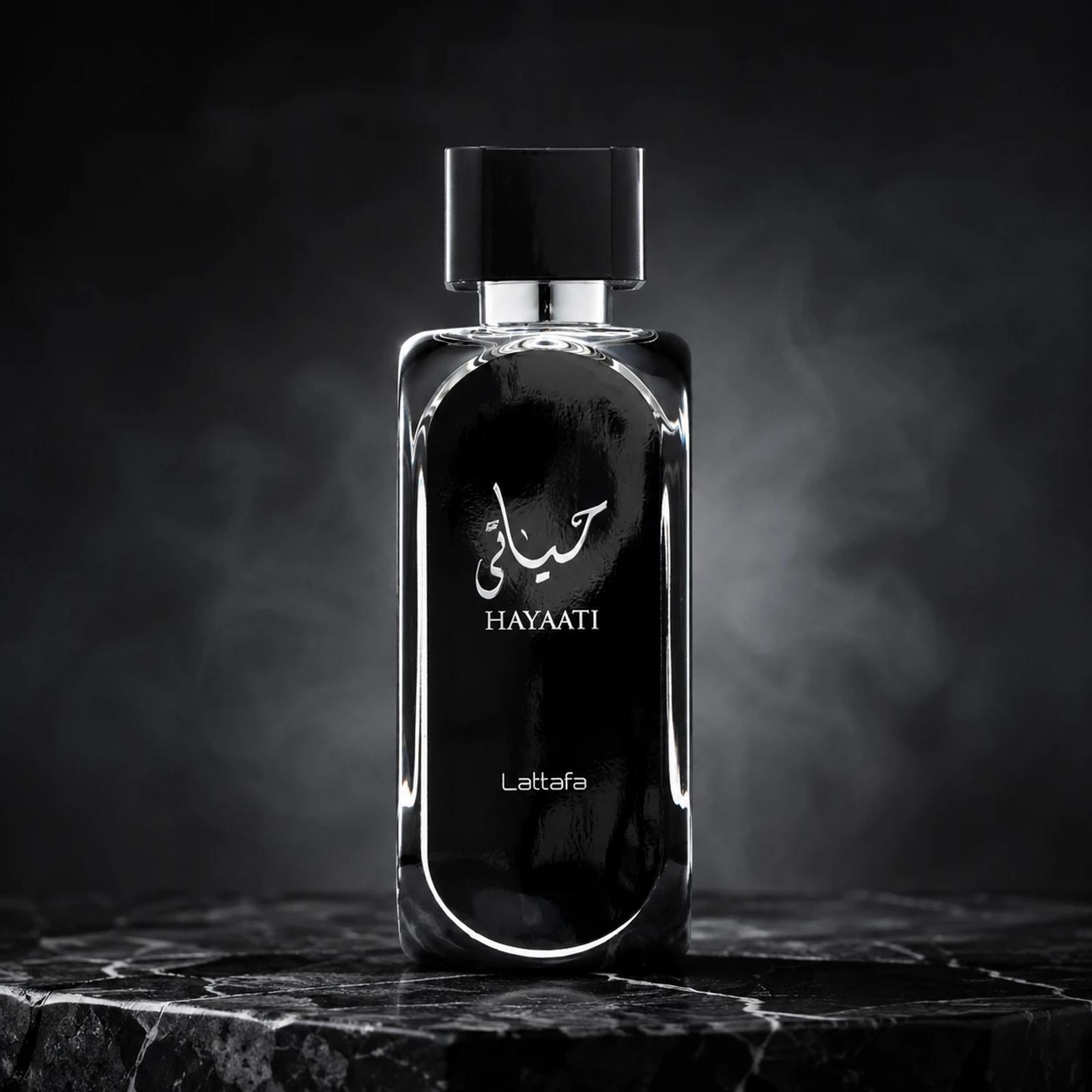 Lattafa Hayaati Black perfume bottle