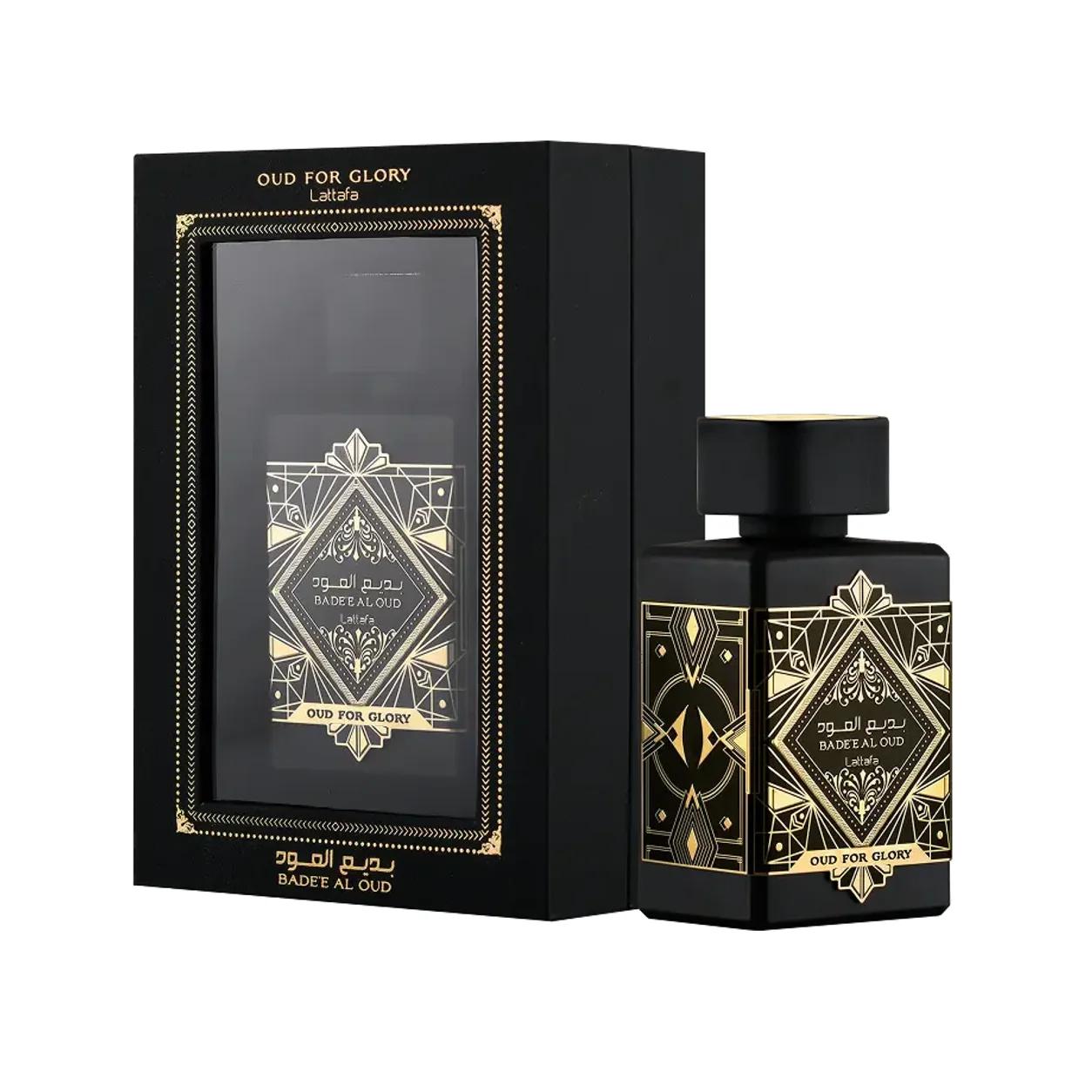 Lattafa Badee Al Oud (Oud for Glory) 100ml Eau de Parfum, matte black bottle with a gold art-deco plaque