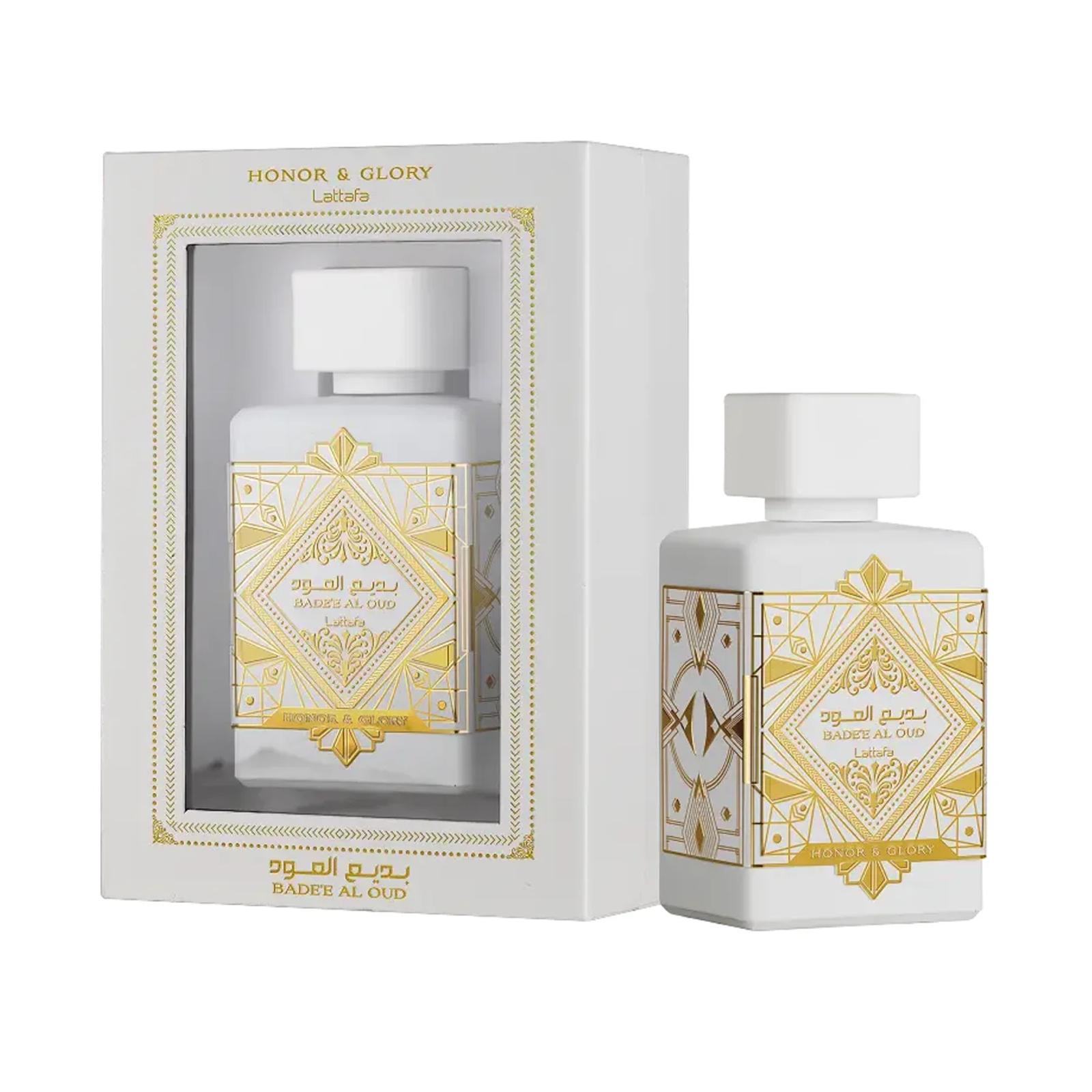Lattafa Badee Al Oud White Honor & Glory bottle beside its presentation box