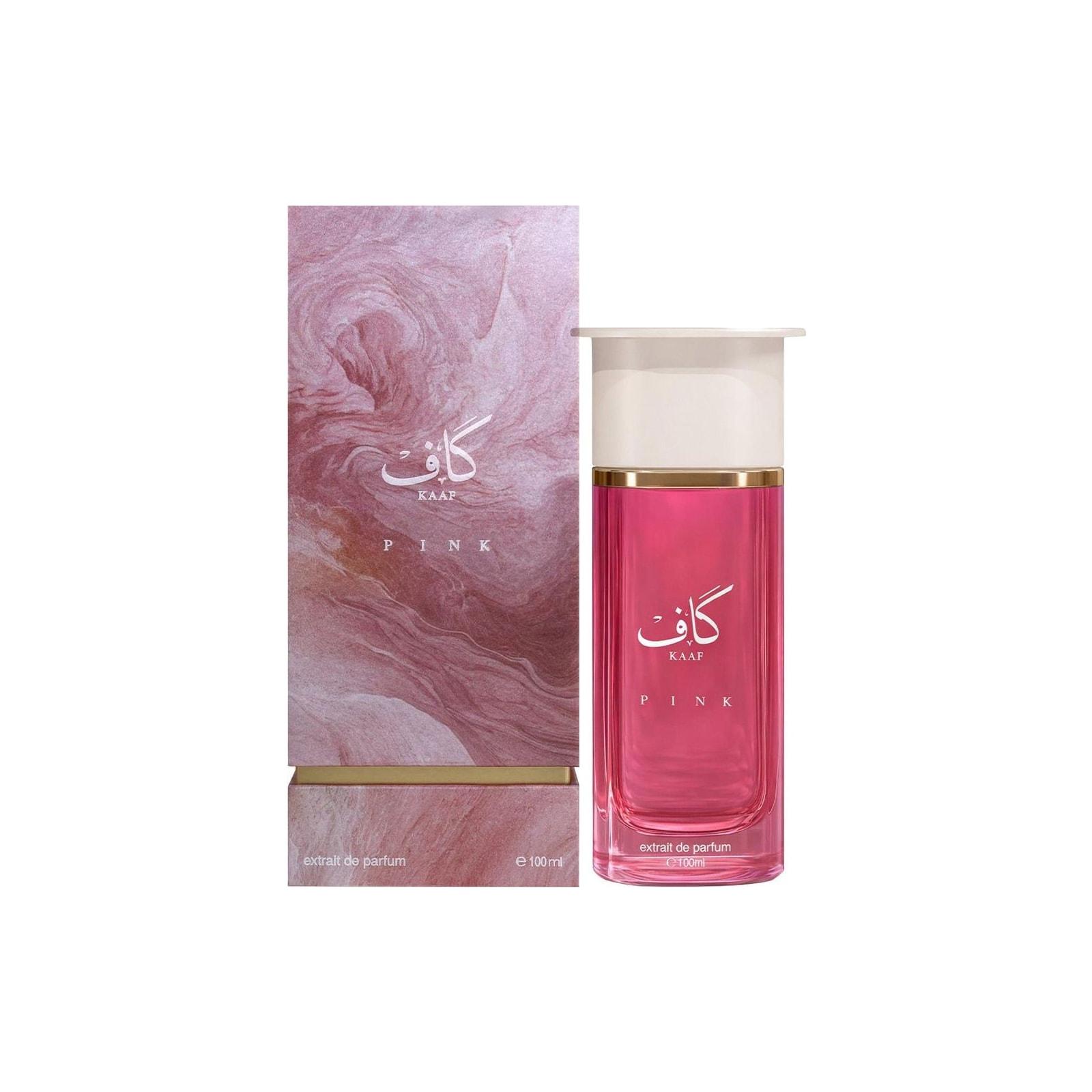 Ahmed Al Maghribi Kaaf Pink 100ml perfume bottle shown with its sealed retail case