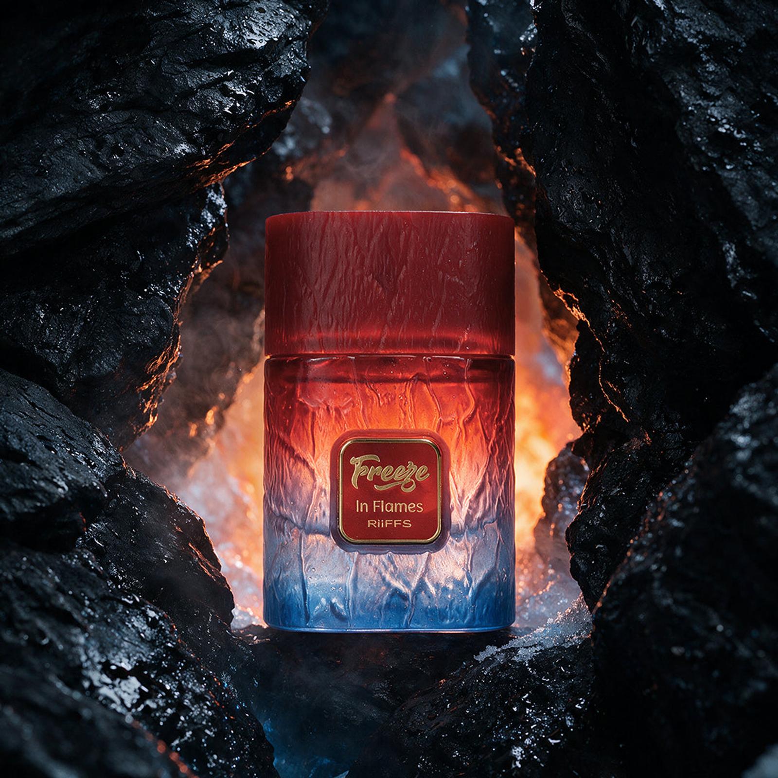 Riiffs Freeze in Flames 100ML perfume bottle set in dark volcanic rock