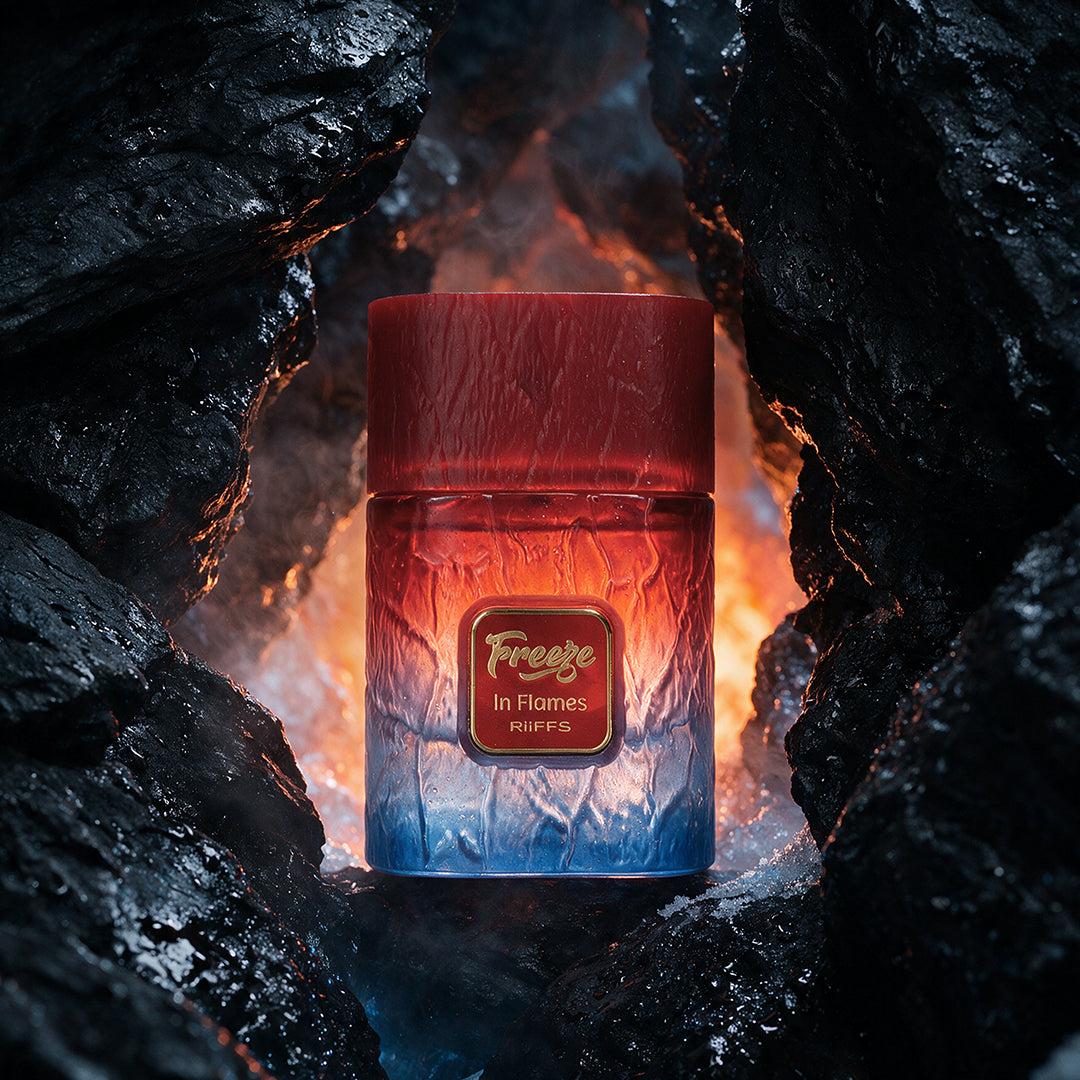 Riiffs Freeze in Flames 100ML perfume bottle set in dark volcanic rock