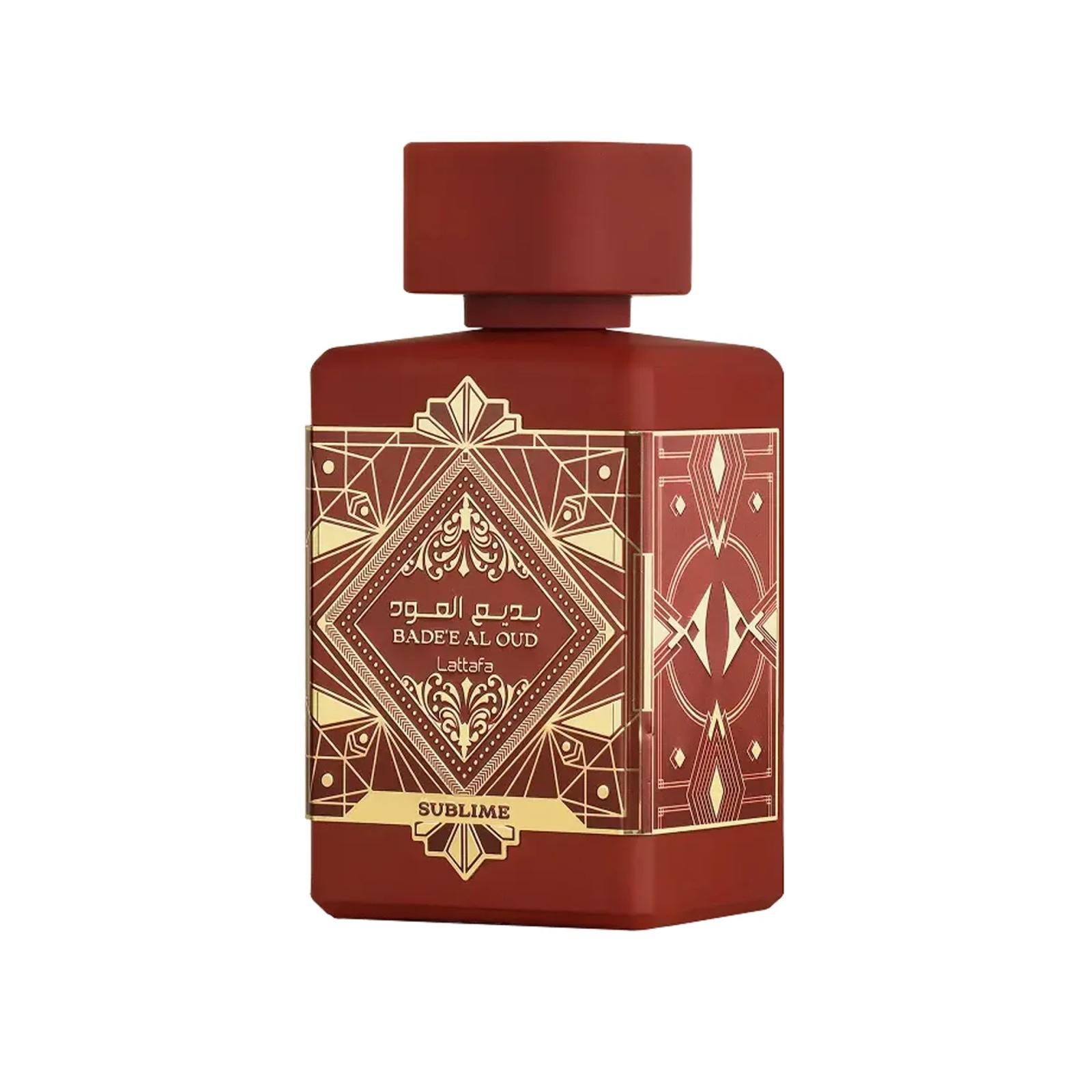 Lattafa Badee Al Oud Sublime (Sublime) 100ml Eau de Parfum, crimson red bottle with a gold art-deco plaque