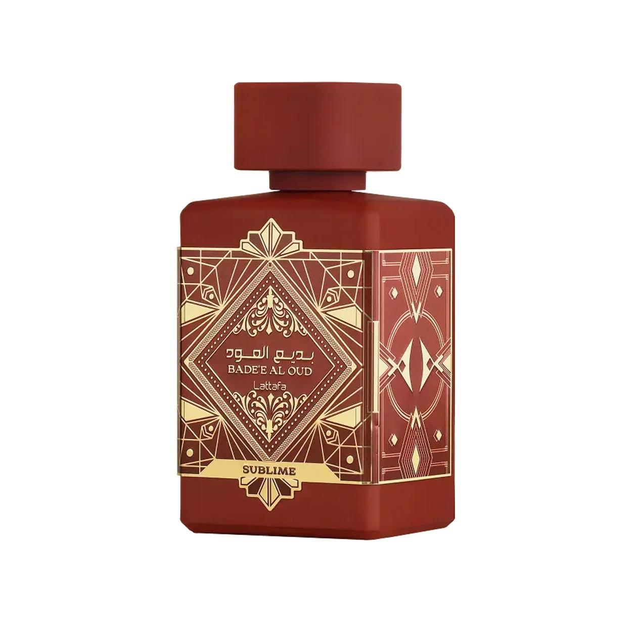 Lattafa Badee Al Oud Sublime (Sublime) 100ml Eau de Parfum, crimson red bottle with a gold art-deco plaque