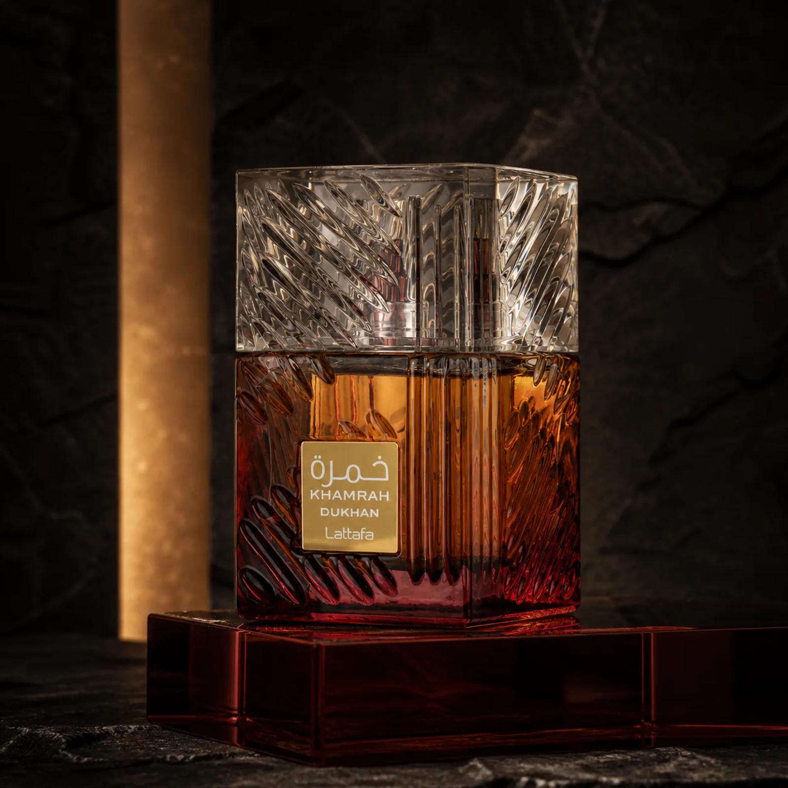 Lattafa Khamrah Dukhan perfume bottle
