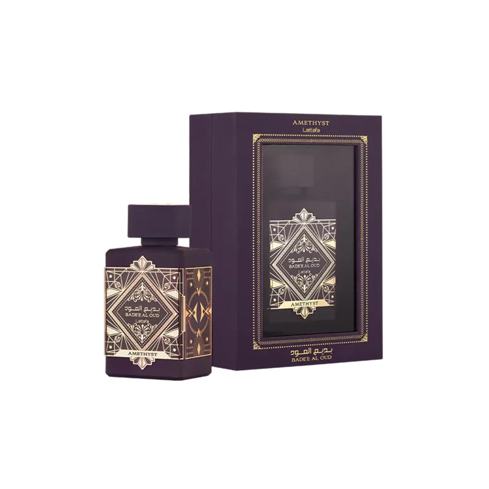Lattafa Badee Al Oud Amethyst Amethyst bottle beside its presentation box