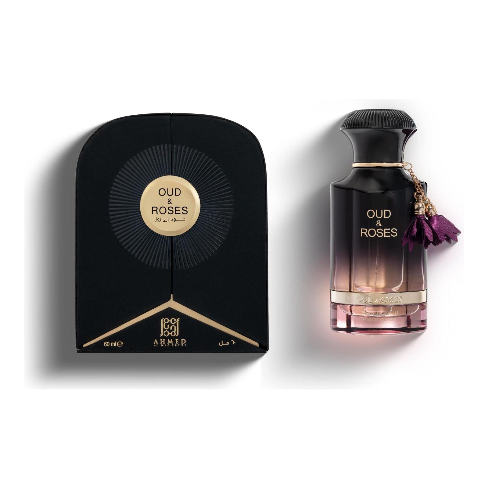 Ahmed Al Maghribi Oud & Roses 60ml bottle shown with its sealed retail case