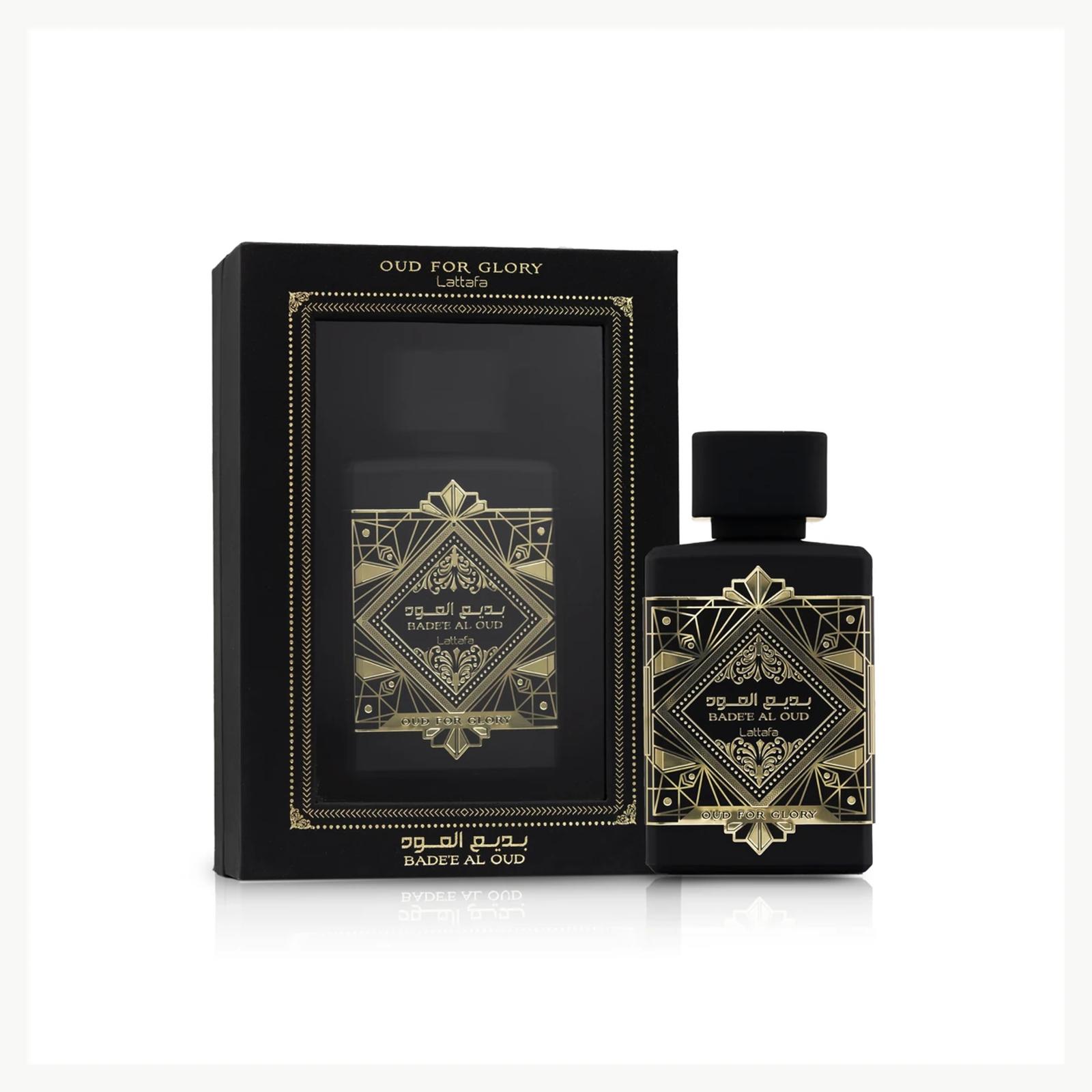 Lattafa Badee Al Oud Oud for Glory bottle beside its presentation box